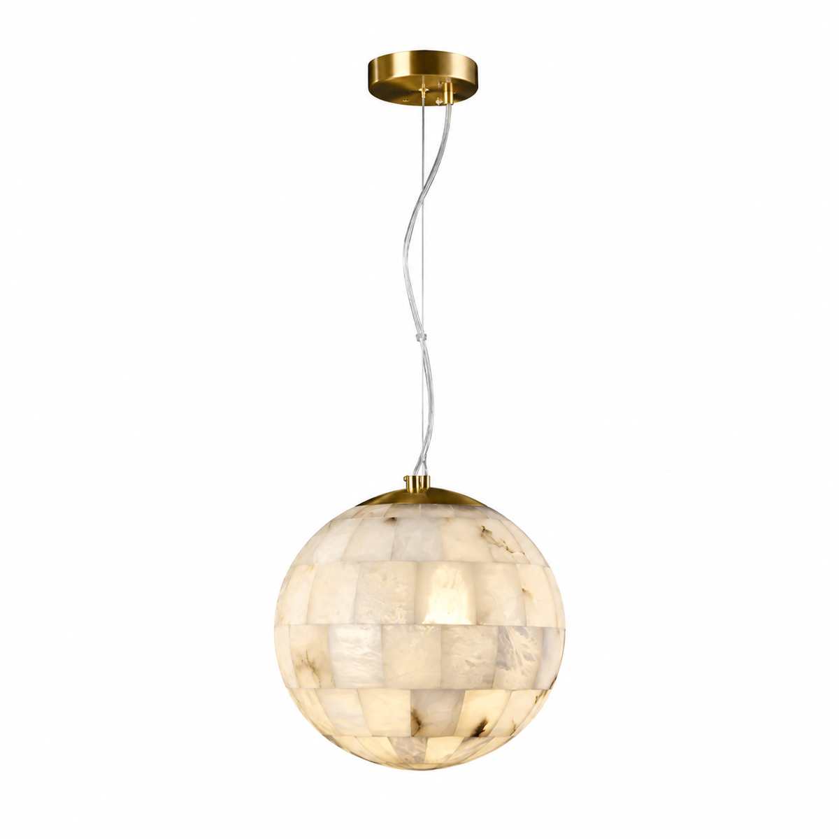 A modern pendant light with a spherical shell-mosaic shade, suspended by a white cord from a gold ceiling canopy against a solid white background.