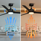 A split-screen comparison showing a black ceiling fan with a light fixture in a living room, with airflow and temperature effects illustrated with blue and orange arrows. The left side shows cool airflow, and the right side shows warm airflow.