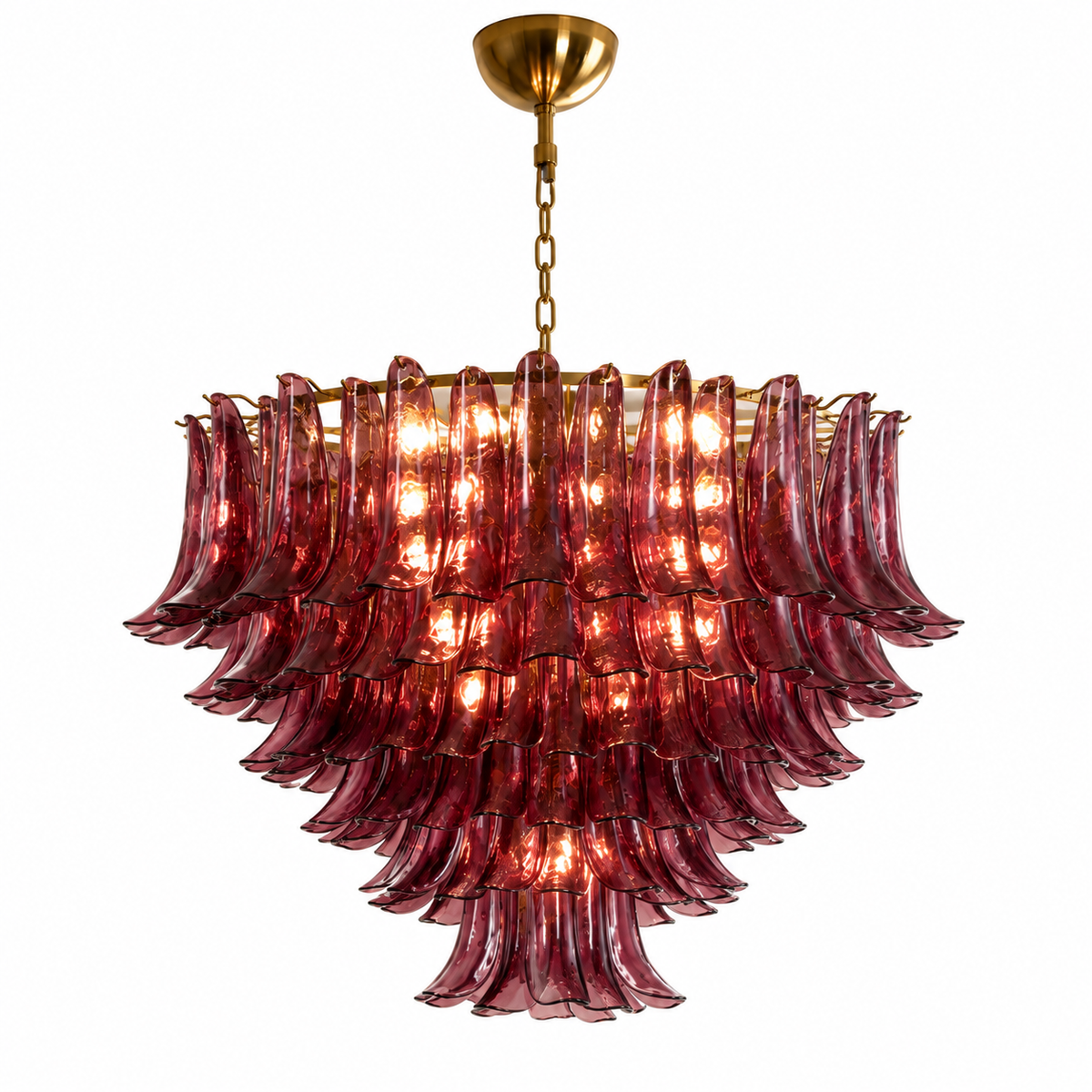 A multi-tiered Murano-style glass chandelier with fluted, petal-like glass shades in a translucent burgundy red, suspended from a polished gold brass chain and canopy against a solid white background.