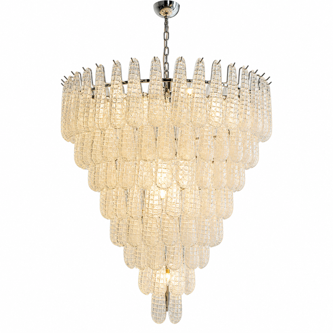 A tiered chandelier featuring textured, warm-white glass teardrop-shaped drops suspended from a polished silver-toned metal frame and chain, shown against a plain white background.