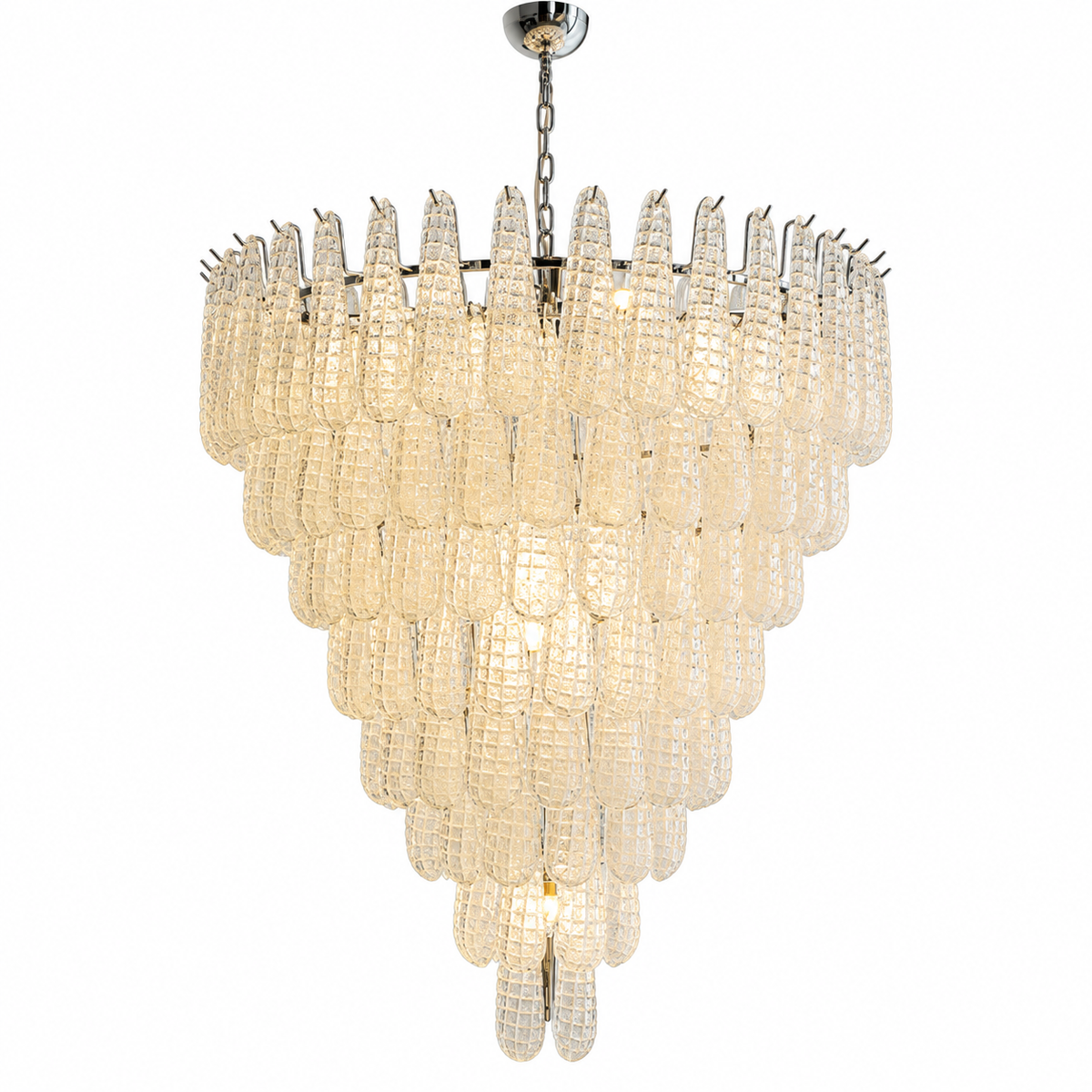 A tiered chandelier featuring textured, warm-white glass teardrop-shaped drops suspended from a polished silver-toned metal frame and chain, shown against a plain white background.