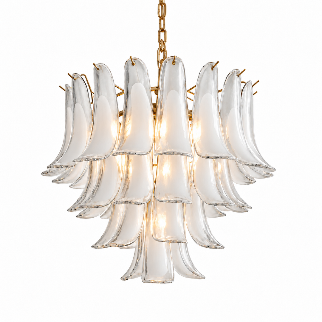 A modern multi-light chandelier featuring clear glass petal-shaped shades with a gold-toned metal frame and chain, shown against a plain white background.