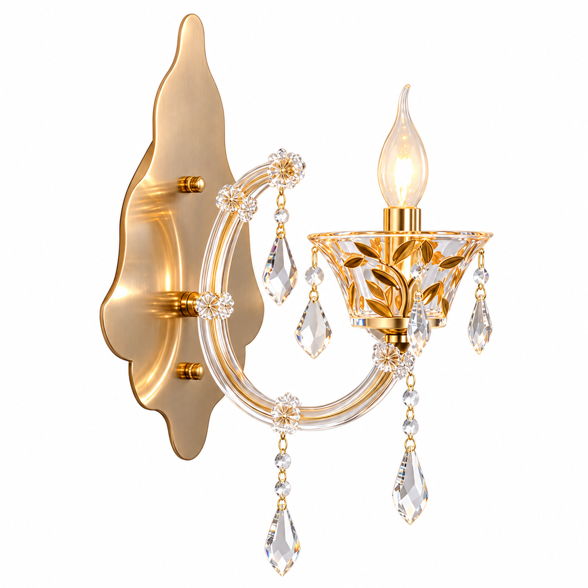 A wall-mounted sconce light fixture with a polished gold brass backplate and frame, clear crystal hanging drops, and a single lit bulb, shown on a plain white background.