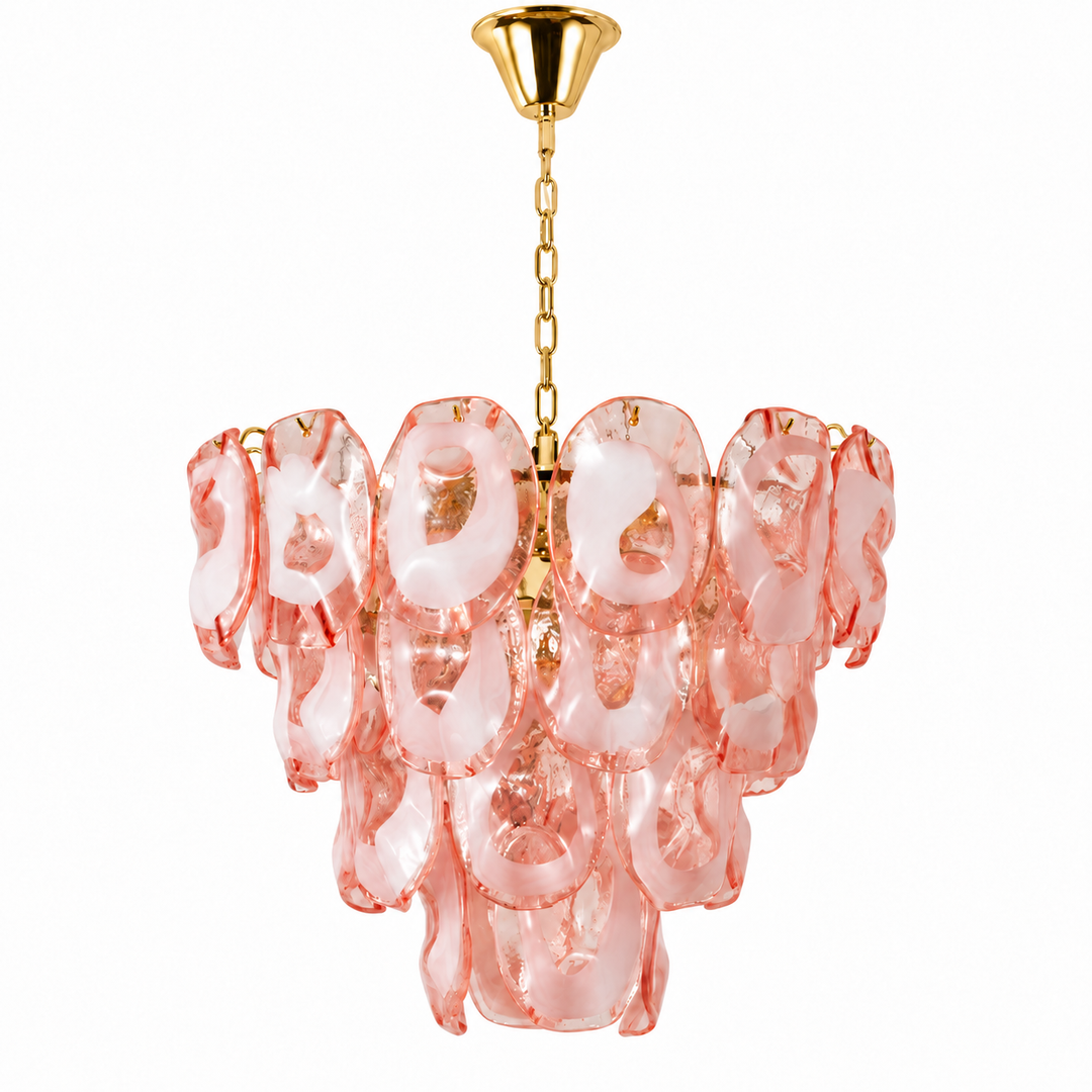A modern multi-light chandelier featuring wavy, translucent pink glass shades with gold-finished metal hardware, including a ceiling canopy and chain.