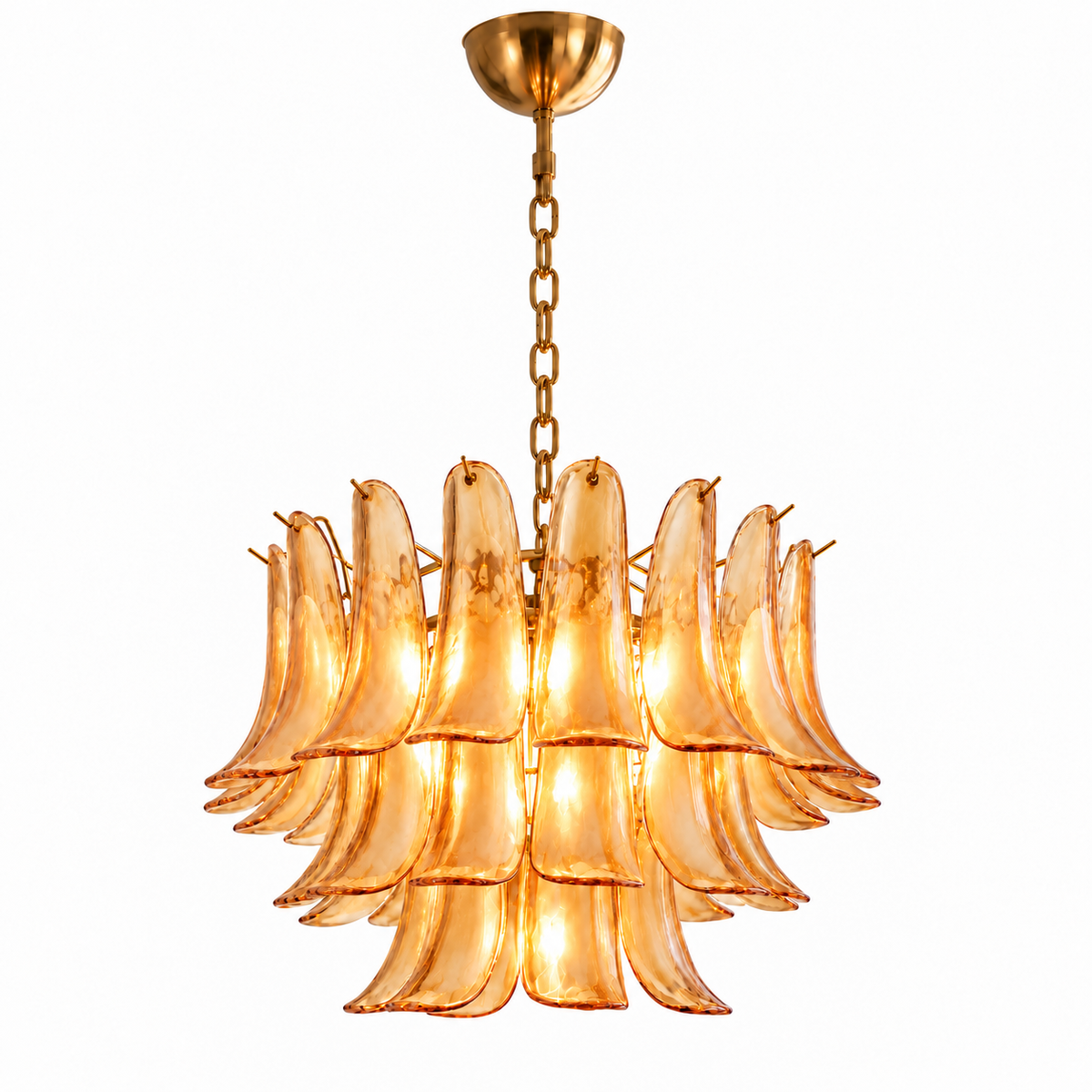 A multi-light chandelier with curved amber-tinted glass shades and a gold-toned metal canopy and chain, shown against a plain white background.