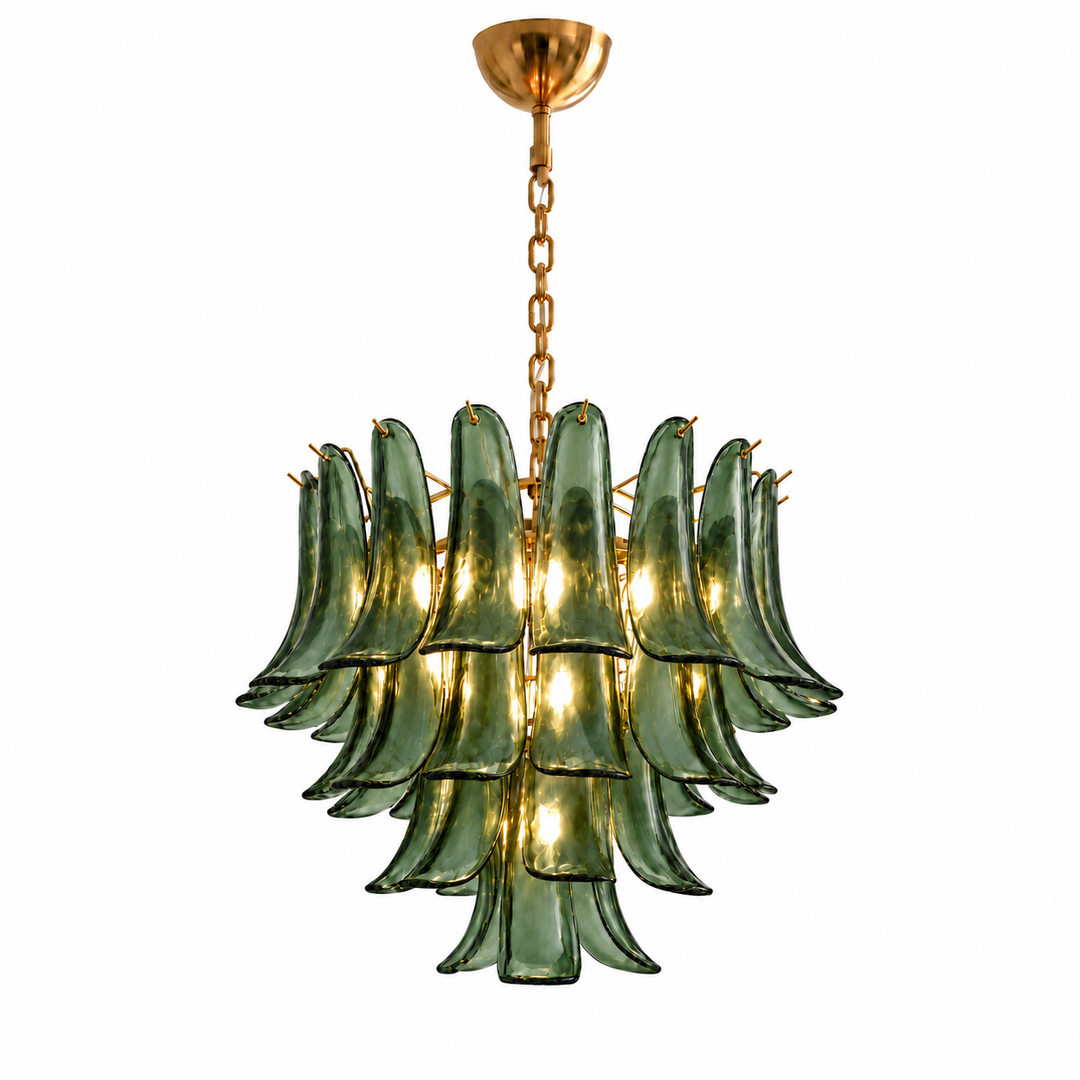 A multi-light chandelier featuring layered, curved green glass shades suspended from a gold-toned brass chain and canopy, shown against a plain white background.