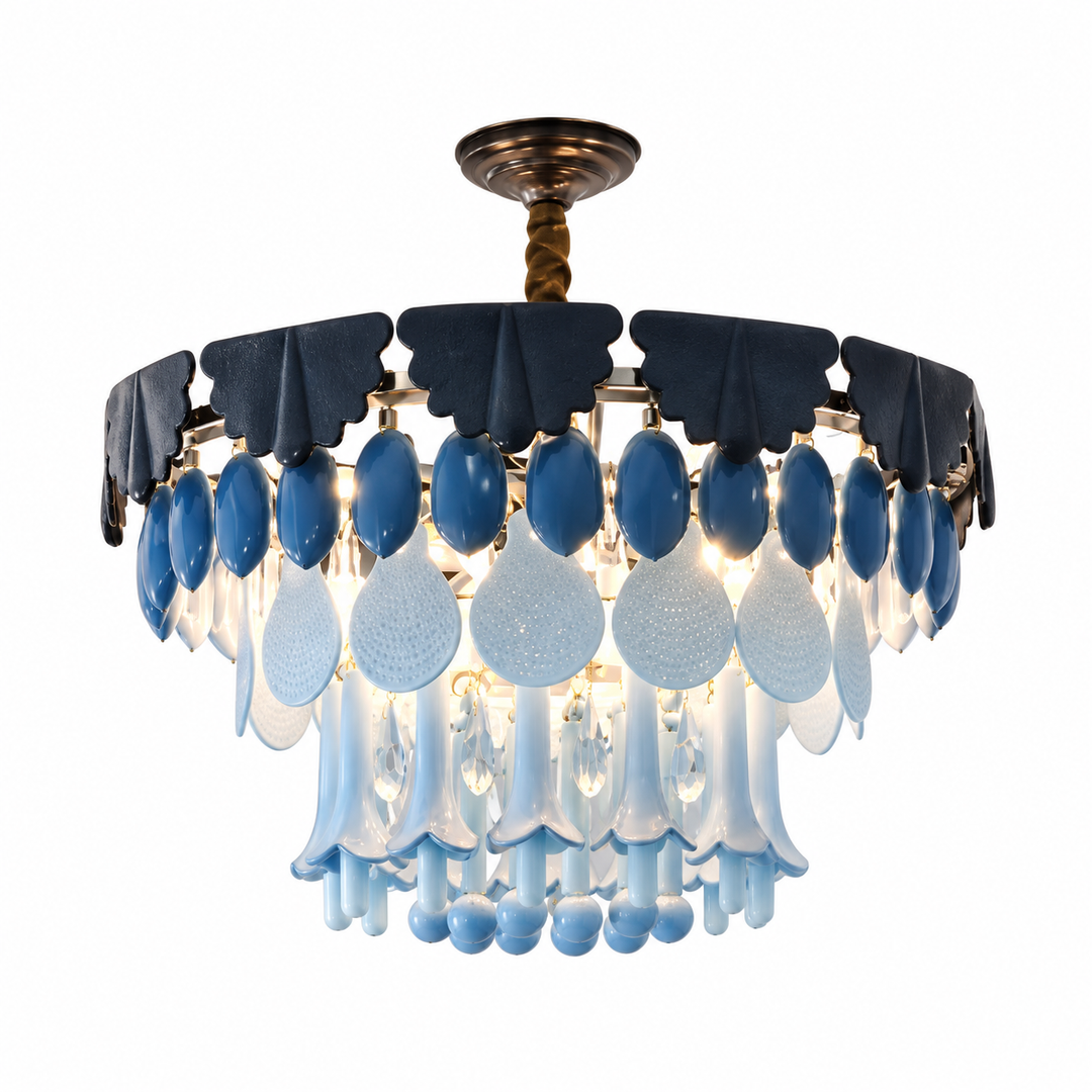 A modern chandelier light fixture featuring a circular arrangement of dark blue and light blue glass teardrop pendants, clear textured glass drops, and a bronze-toned metal ceiling canopy and rod, shown against a plain white background.