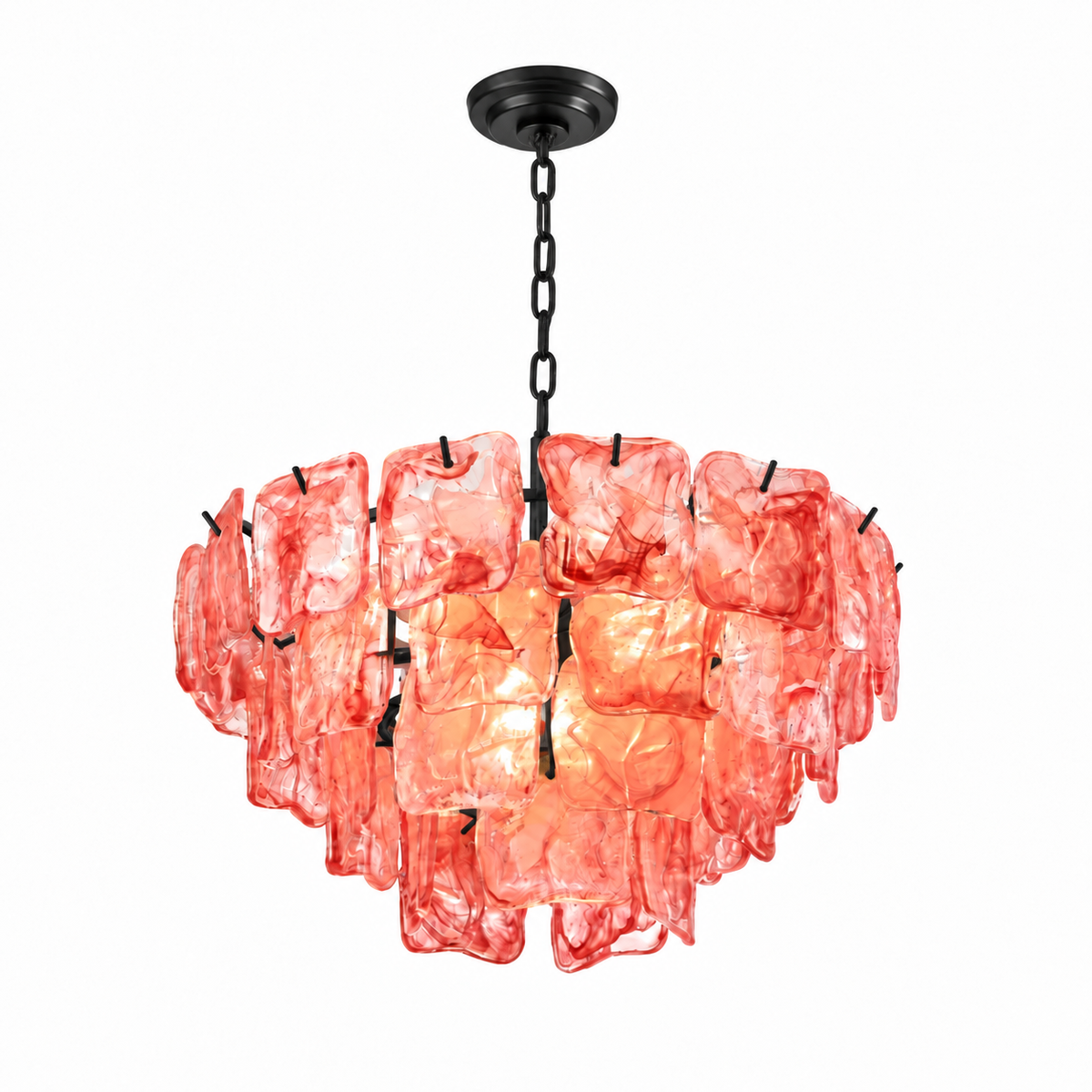 A modern multi-light pendant chandelier with a cluster of translucent coral-pink glass shades suspended by black chains from a black ceiling canopy, shown against a plain white background.
