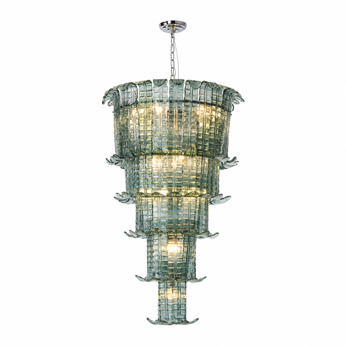 A tiered glass chandelier with a silver metal canopy and chain, featuring multiple stacked cylindrical glass shades with a textured pattern and warm light glowing from within, shown against a plain white background.
