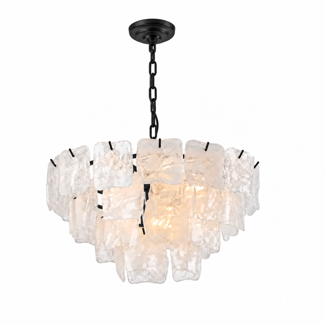 A modern multi-tier chandelier featuring textured, irregular clear glass panels suspended from a black metal frame, chain, and ceiling canopy, shown against a plain white background.