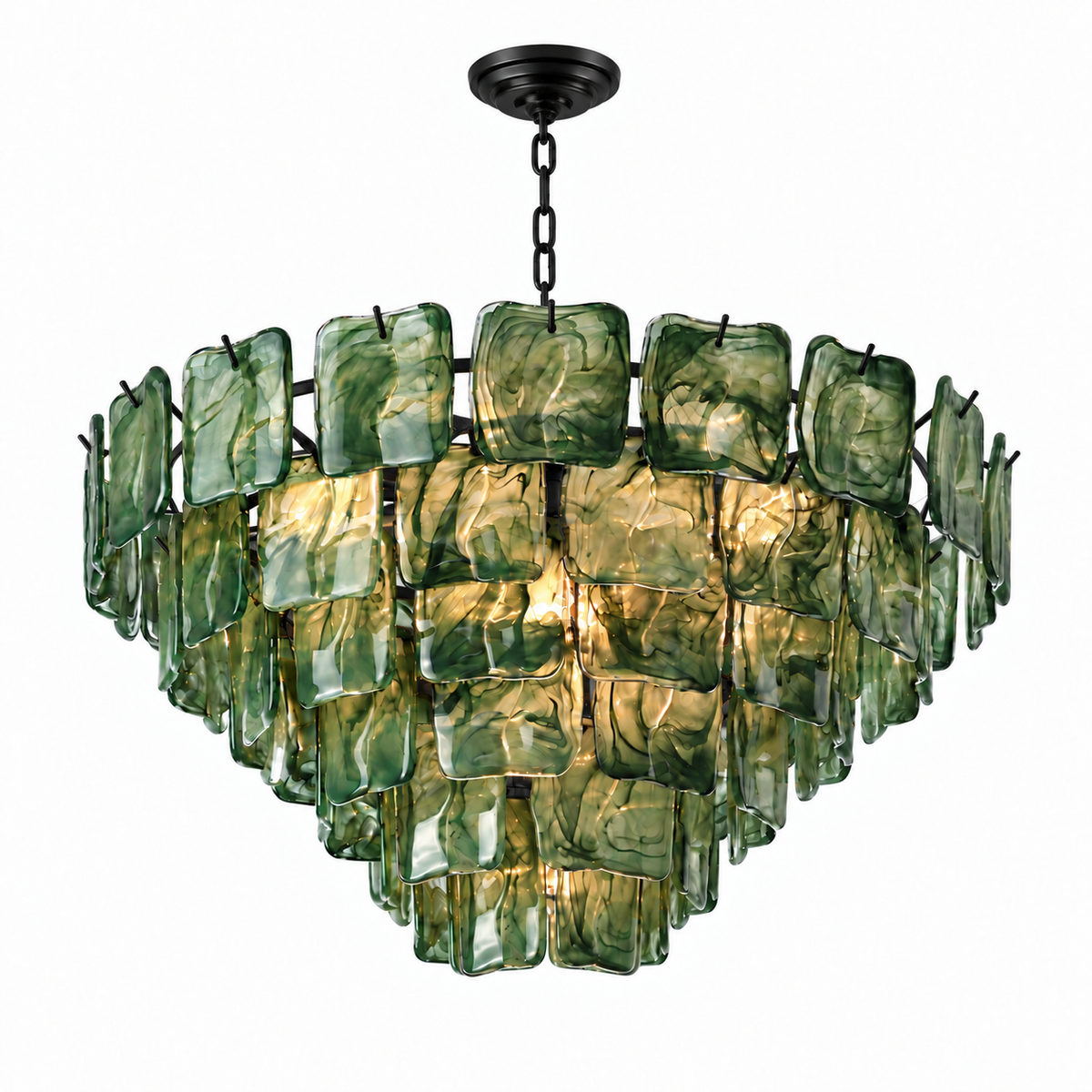 A modern multi-tier chandelier featuring textured, hand-blown green glass panels that glow warmly from within, suspended by a black chain from a matching black ceiling canopy, set against a plain white background.
