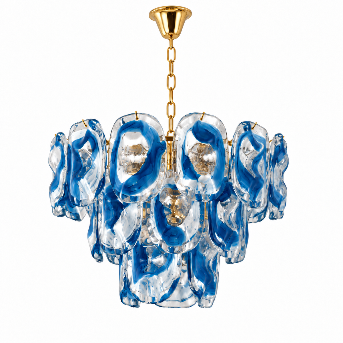 A modern chandelier featuring irregular, wavy clear glass shades filled with vibrant blue swirls, suspended from a polished gold chain and ceiling canopy against a solid white background.