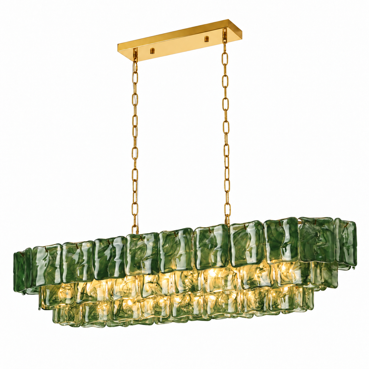 Angled view of an illuminated linear chandelier with three tiers of rippled green glass panels and gold-tone chains against white.