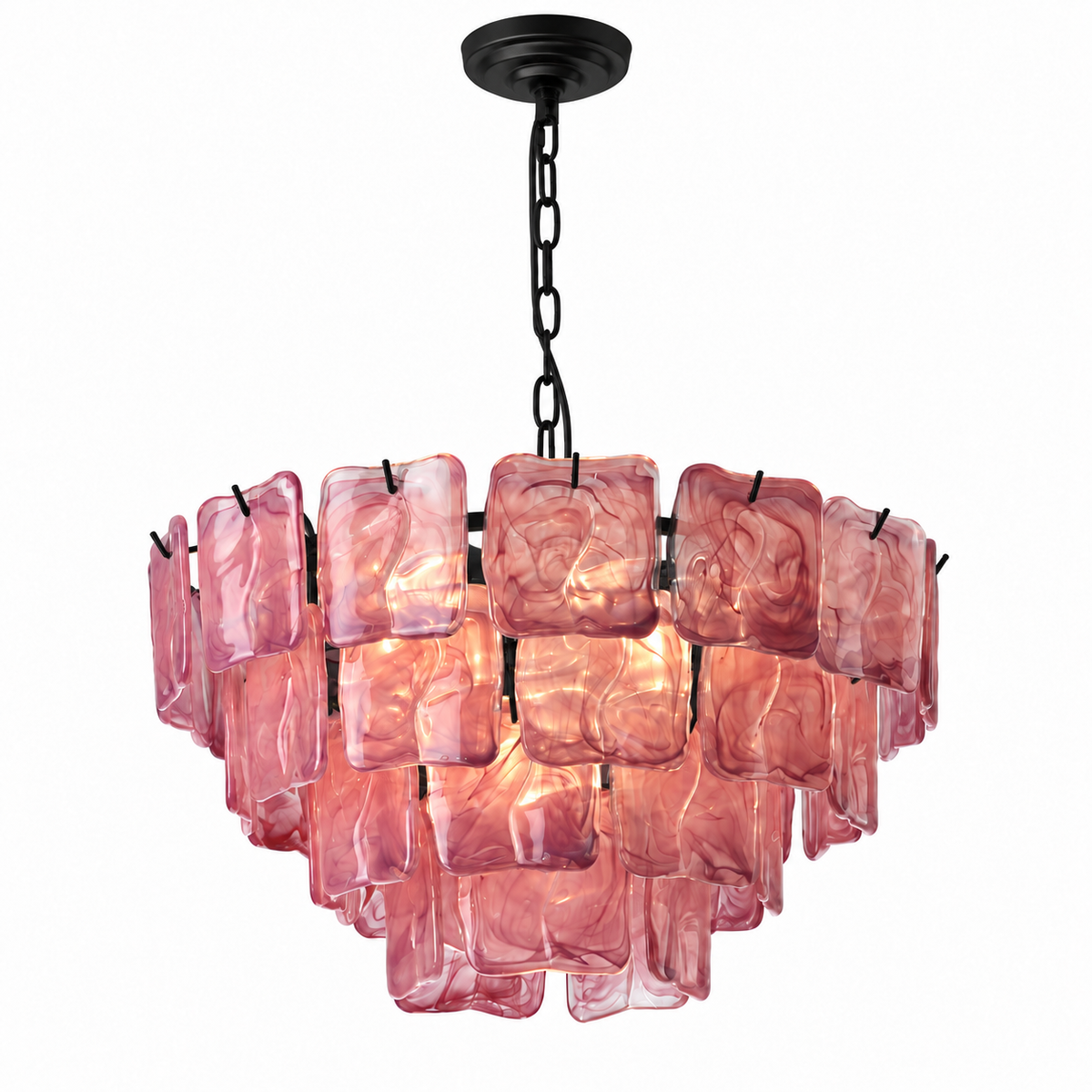 A modern chandelier featuring multiple wavy, translucent pink glass panels suspended from a black metal frame and chain, shown against a plain white background.