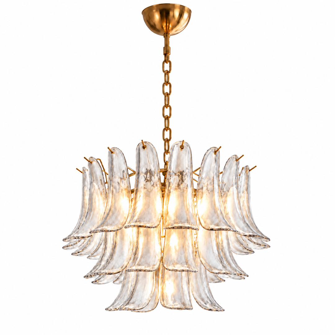 A modern multi-light chandelier with clear textured glass bell-shaped shades and a polished gold/brass metal frame, canopy, and chain, shown against a solid white background.
