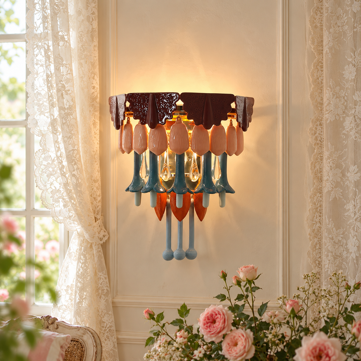 A decorative wall sconce with a dark brown top, pink teardrop-shaped glass shades, and blue and orange hanging elements, mounted on a cream wall in a softly lit room with lace curtains and flowers in the foreground.