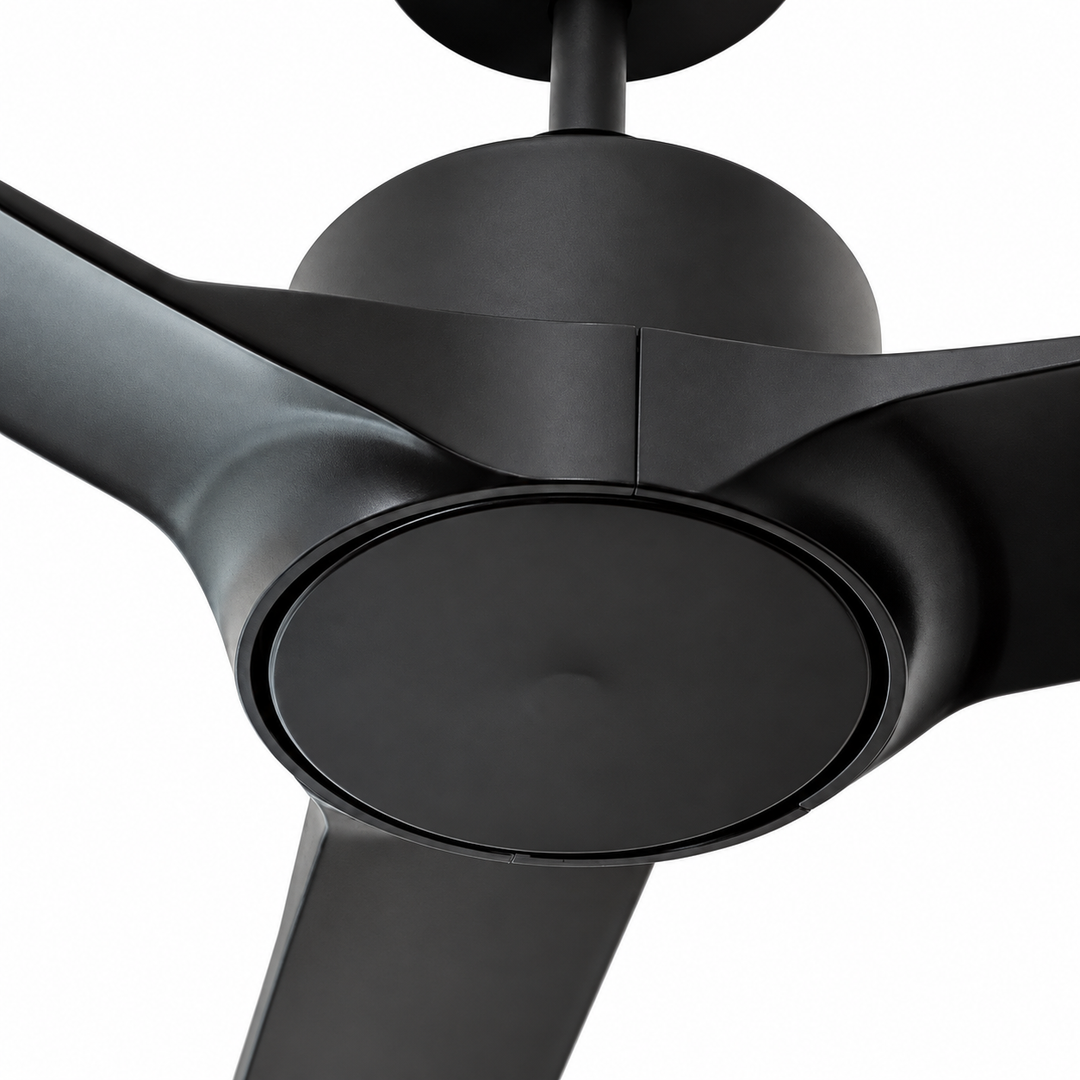 A close-up studio shot of a matte black three-blade ceiling fan against a solid white background.
