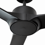 A close-up studio shot of a matte black three-blade ceiling fan against a solid white background.