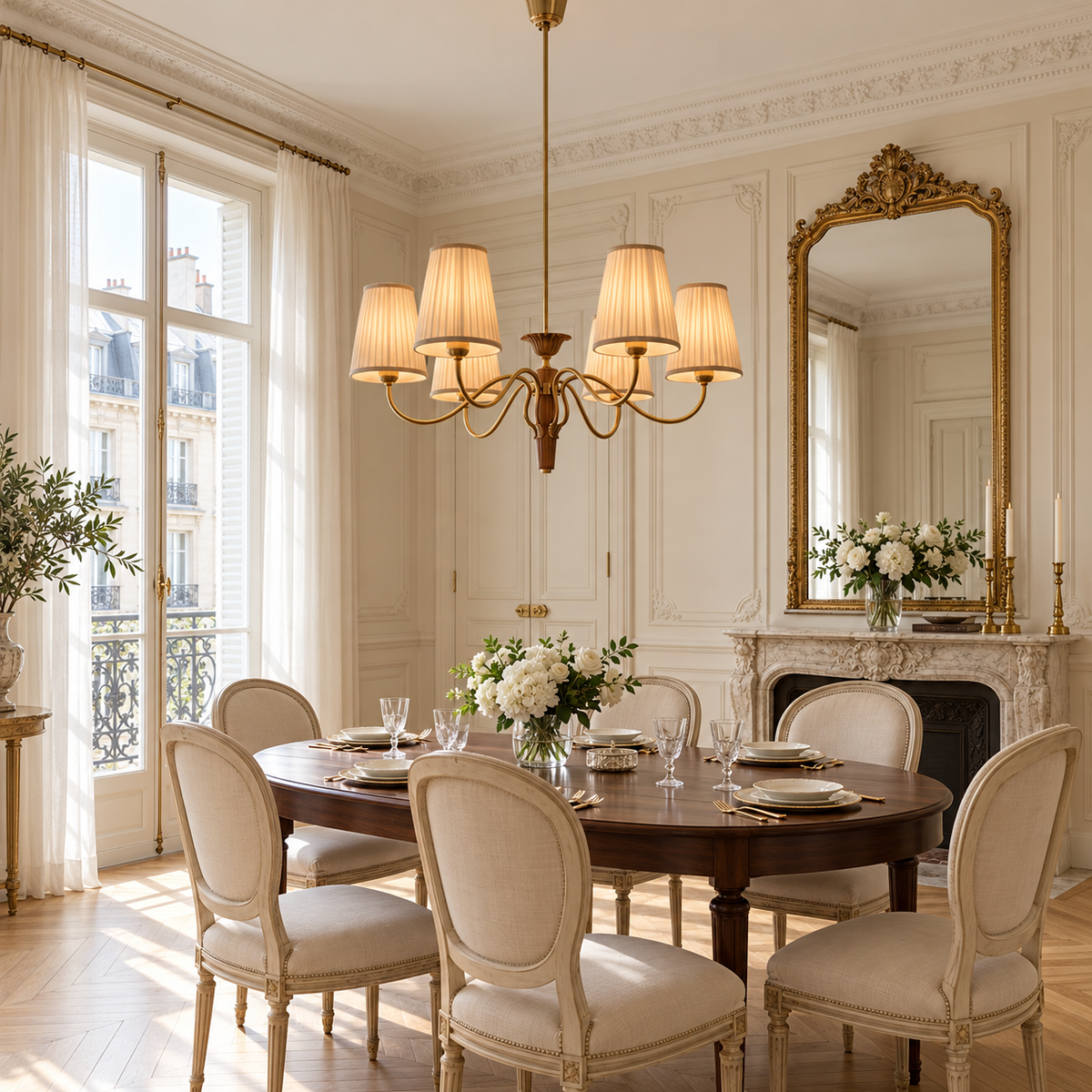 A luxury dining room featuring a round dark wood dining table surrounded by eight upholstered cream chairs, under a multi-light chandelier. The room has classic cream walls with molding, a large gold-framed mirror, and a fireplace with a floral arrangement.