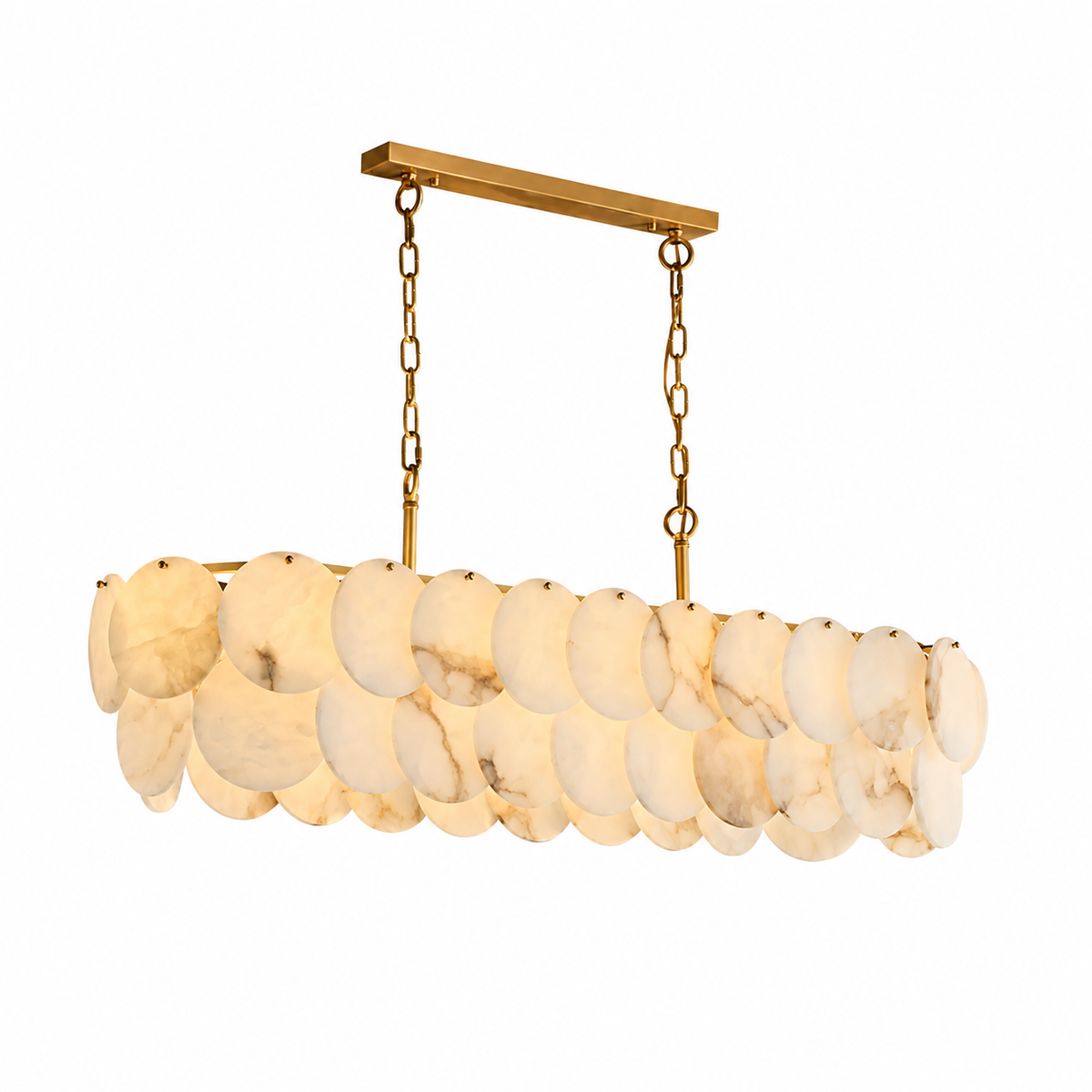 Brass linear chandelier with overlapping cream alabaster discs and two suspension chains against a white background.
