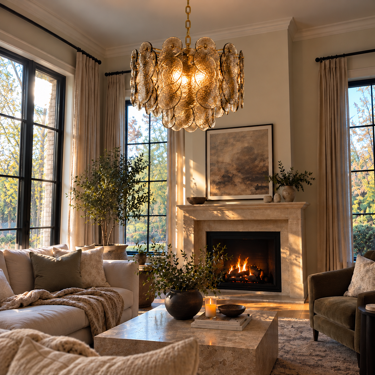 A luxurious chandelier with a textured, bubble-like gold and bronze glass design hangs in a beautifully styled living room with a fireplace, beige walls, and large windows.