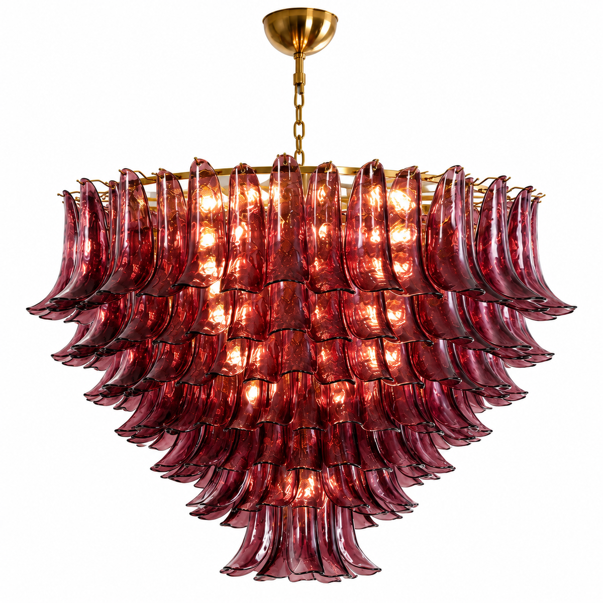 A large tiered chandelier featuring textured, translucent burgundy glass fluted petals, suspended from a gold-toned brass frame and canopy against a solid white background.