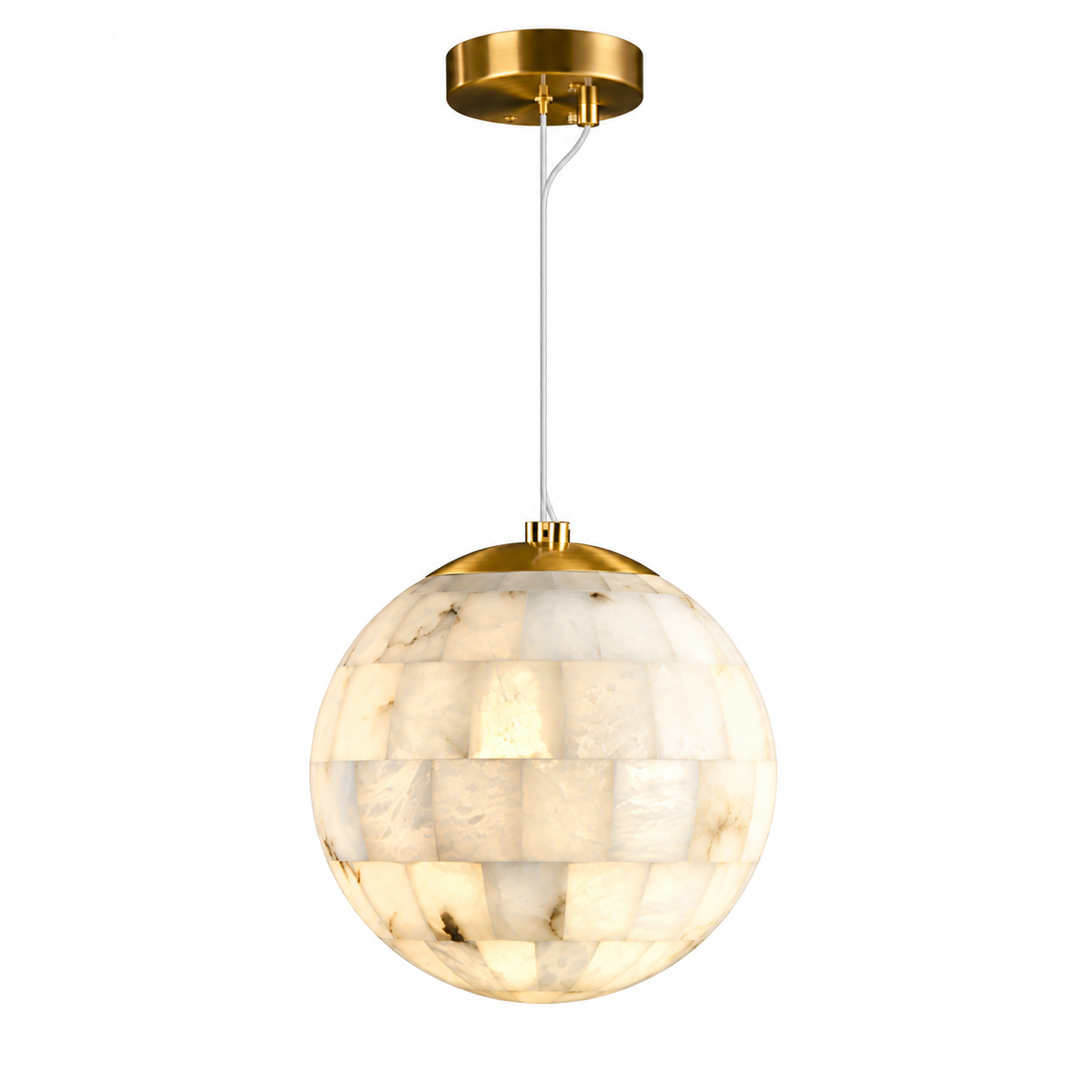 A modern spherical pendant light featuring a warm white and cream marbled shell or stone mosaic globe, suspended by a white cord from a polished gold-finished ceiling canopy.
