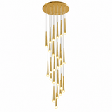 A modern multi-light chandelier with a circular gold ceiling canopy and multiple tapered gold pendant lights hanging at varying lengths against a plain white background.