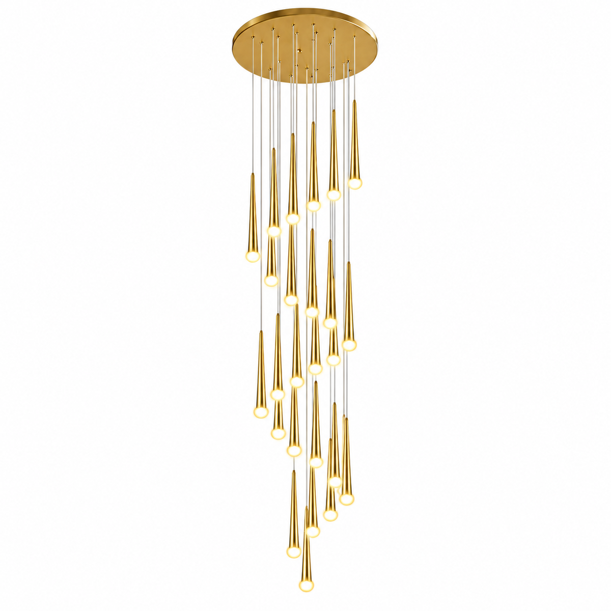 A modern multi-light chandelier with a circular gold ceiling canopy and multiple tapered gold pendant lights hanging at varying lengths against a plain white background.