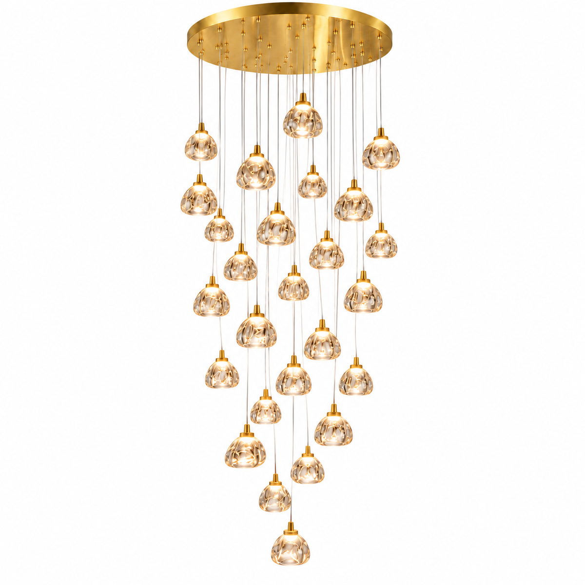 A modern multi-light chandelier with a brushed gold circular ceiling canopy, multiple gold-finished downrodents, and clear faceted glass pendant globes arranged in a cascading drape, shown against a plain white background.