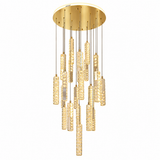 A modern multi-light chandelier with a brushed gold circular ceiling canopy and multiple hanging cylindrical glass shades, shown against a plain white background.