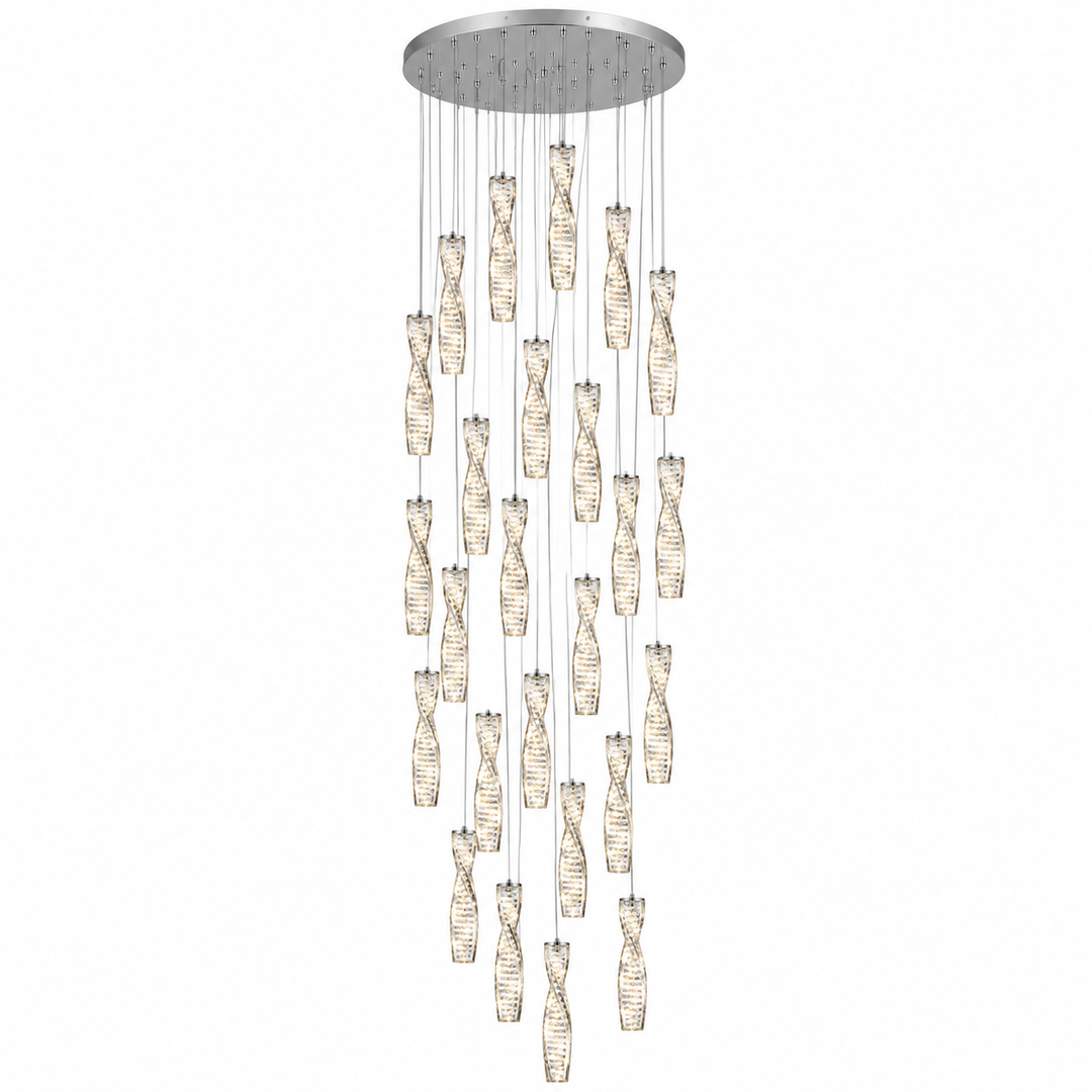 A modern multi-light chandelier with a circular silver canopy from which multiple clear glass shades hang in a cascading arrangement on a white background.