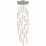 A modern multi-light chandelier with a circular silver canopy from which multiple clear glass shades hang in a cascading arrangement on a white background.