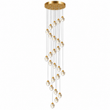 A modern multi-light linear chandelier with a brushed gold circular ceiling canopy and multiple clear faceted glass globe bulbs suspended in a cascading, wavy arrangement on thin metal wires.