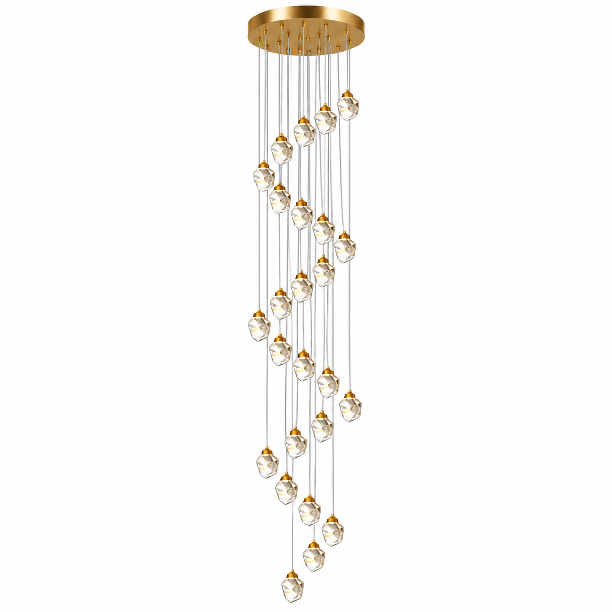 A modern multi-light linear chandelier with a brushed gold circular ceiling canopy and multiple clear faceted glass globe bulbs suspended in a cascading, wavy arrangement on thin metal wires.
