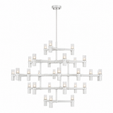 A modern multi-tier chandelier with a white-painted tubular metal frame and multiple clear cylindrical glass shades, shown against a plain white background.