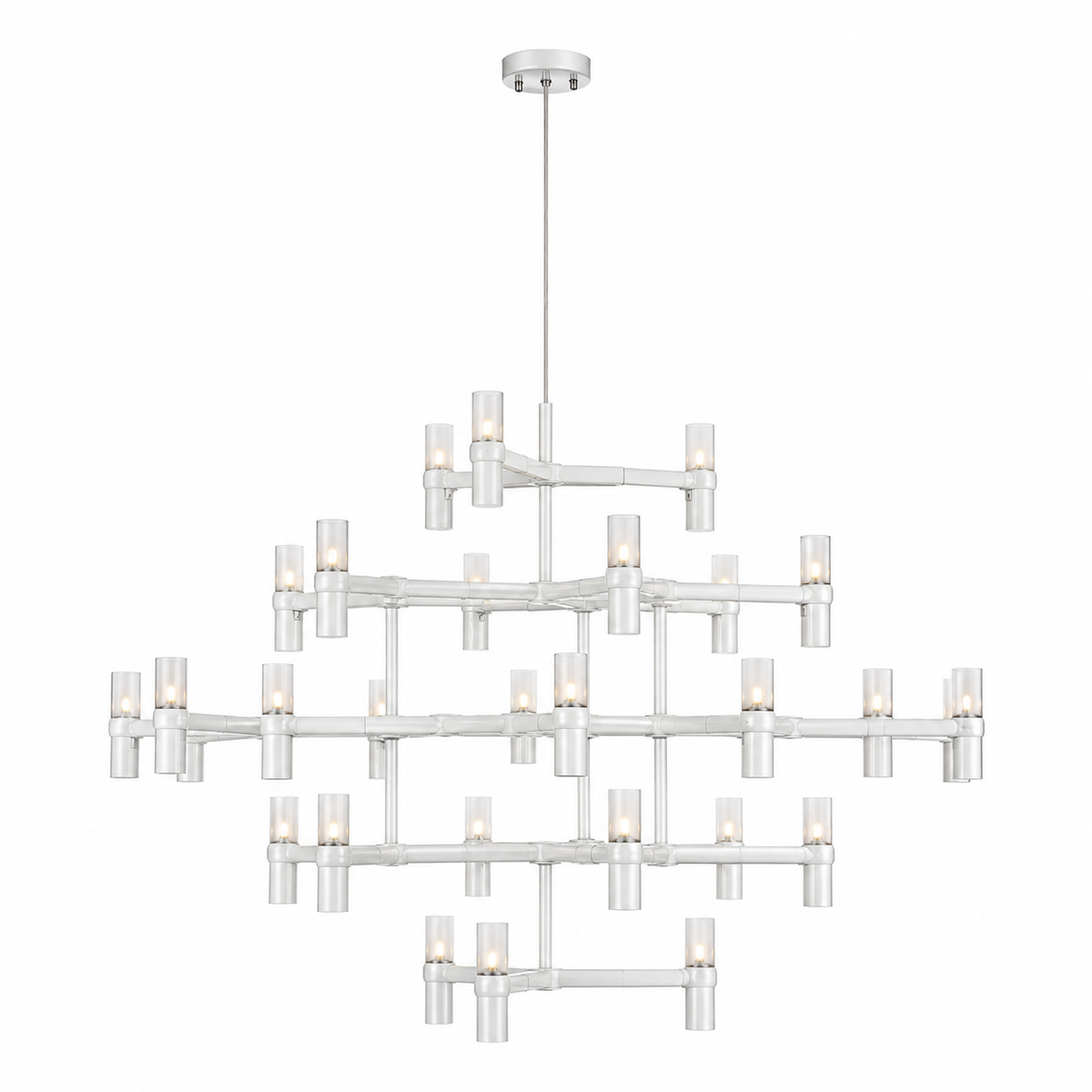 A modern multi-tier chandelier with a white-painted tubular metal frame and multiple clear cylindrical glass shades, shown against a plain white background.