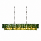 A linear chandelier with rippled green glass panels and silver-toned chains glows yellow against a white background.