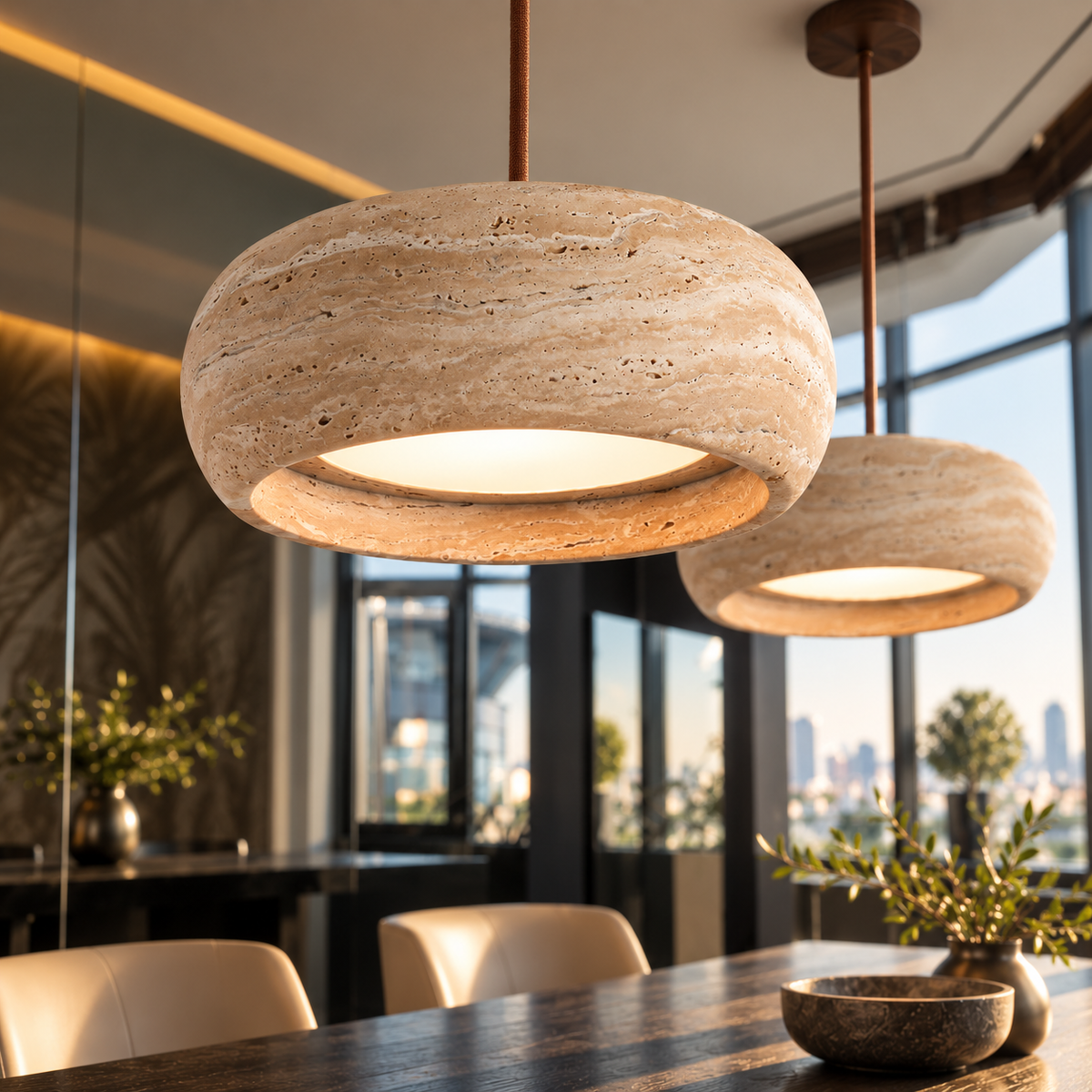 Two round pendant light fixtures with textured beige travertine stone shades hanging over a dining table in a modern, sunlit interior with large windows and city views.
