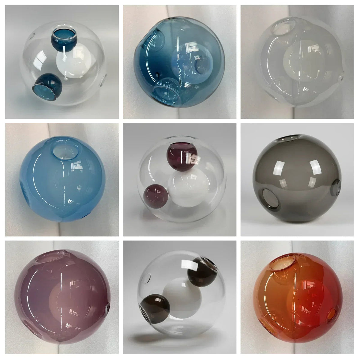 Nine chandelier glass globes in blue, clear, purple, smoke and orange tones show circular openings against pale backgrounds.