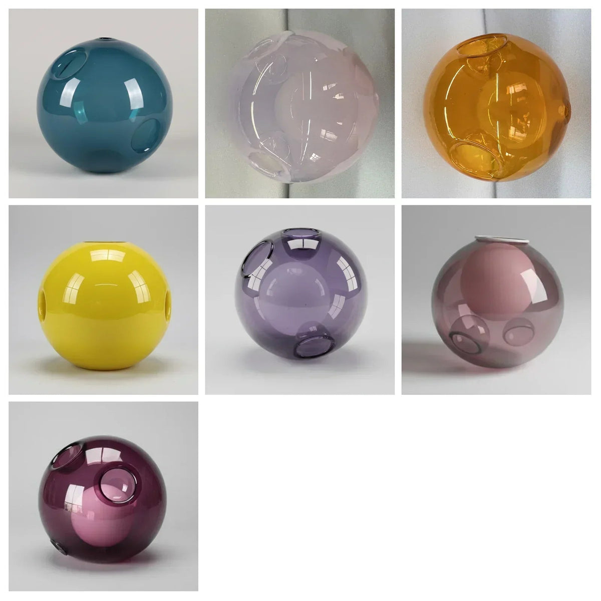 Seven glass globe options for the chandelier appear against gray backgrounds in teal, pale pink, amber, yellow, purple, mauve, and plum.