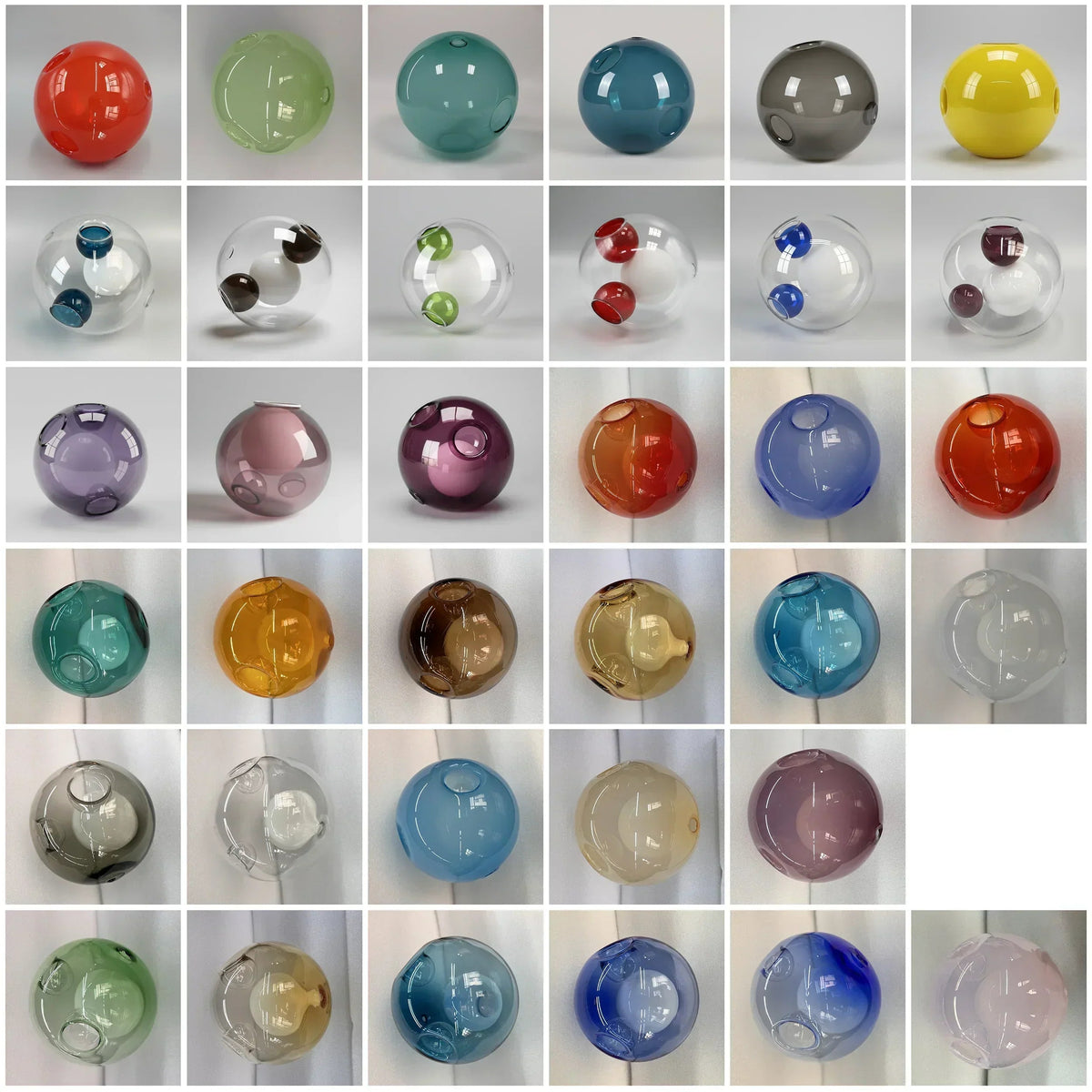 Grid of chandelier glass globes in red, green, blue, yellow, smoked grey, and clear finishes on a white background