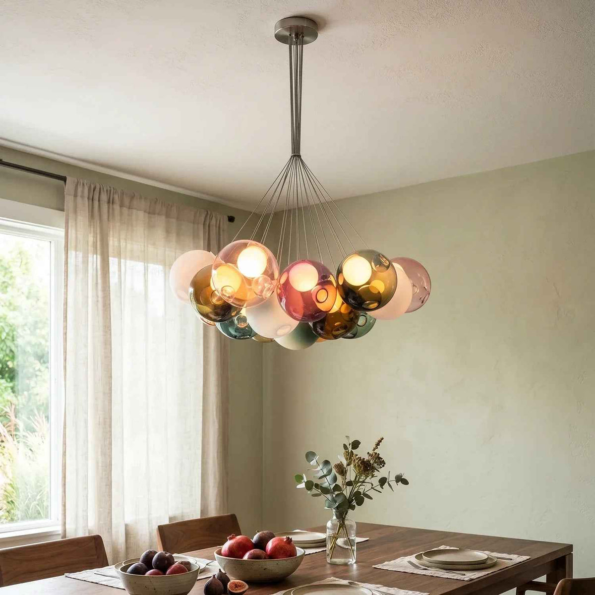A modern multi-light chandelier with colorful glass globes hangs over a dining table in a softly lit dining room.