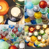 A four-panel collage shows a multicolored glass globe chandelier, including illuminated globes, circular openings, and suspension cords.