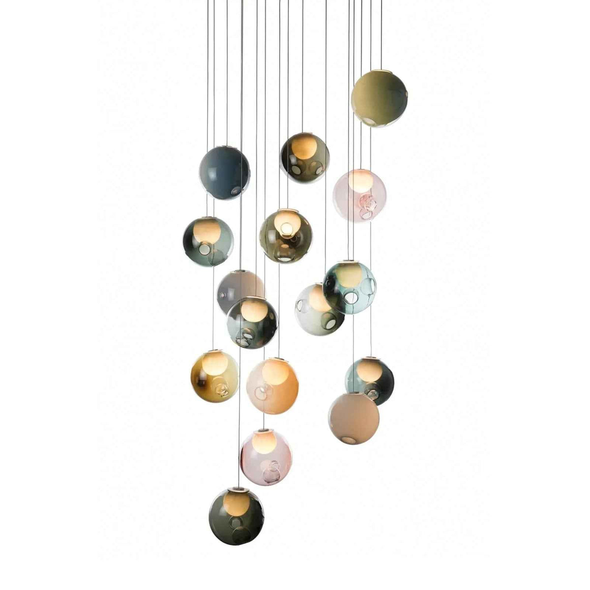 Chandelier with multicolored glass globes suspended at staggered heights against a white background.