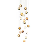 Chandelier with multiple round lights in various colors on a white background