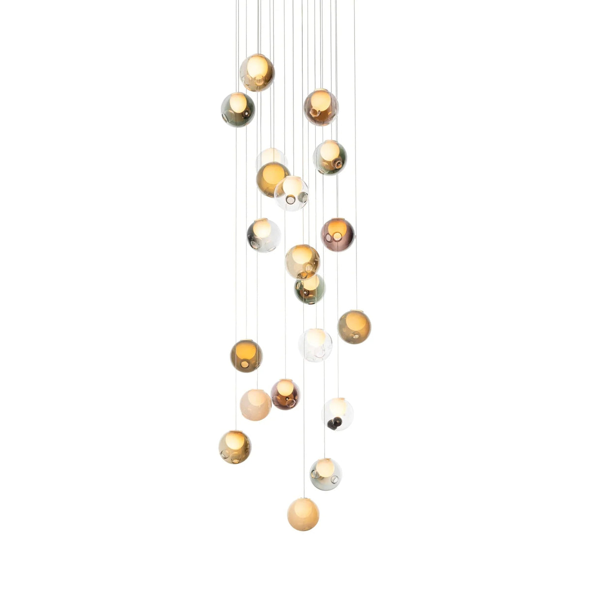 Chandelier with multiple round lights in various colors on a white background
