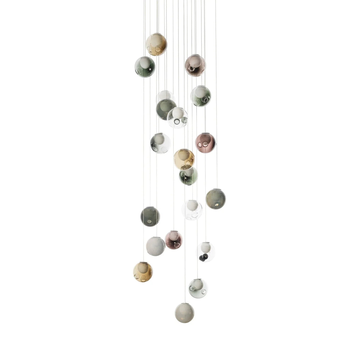 Chandelier with glass globes in muted green, amber, pink, gray, and clear finishes cascading vertically against a white background.