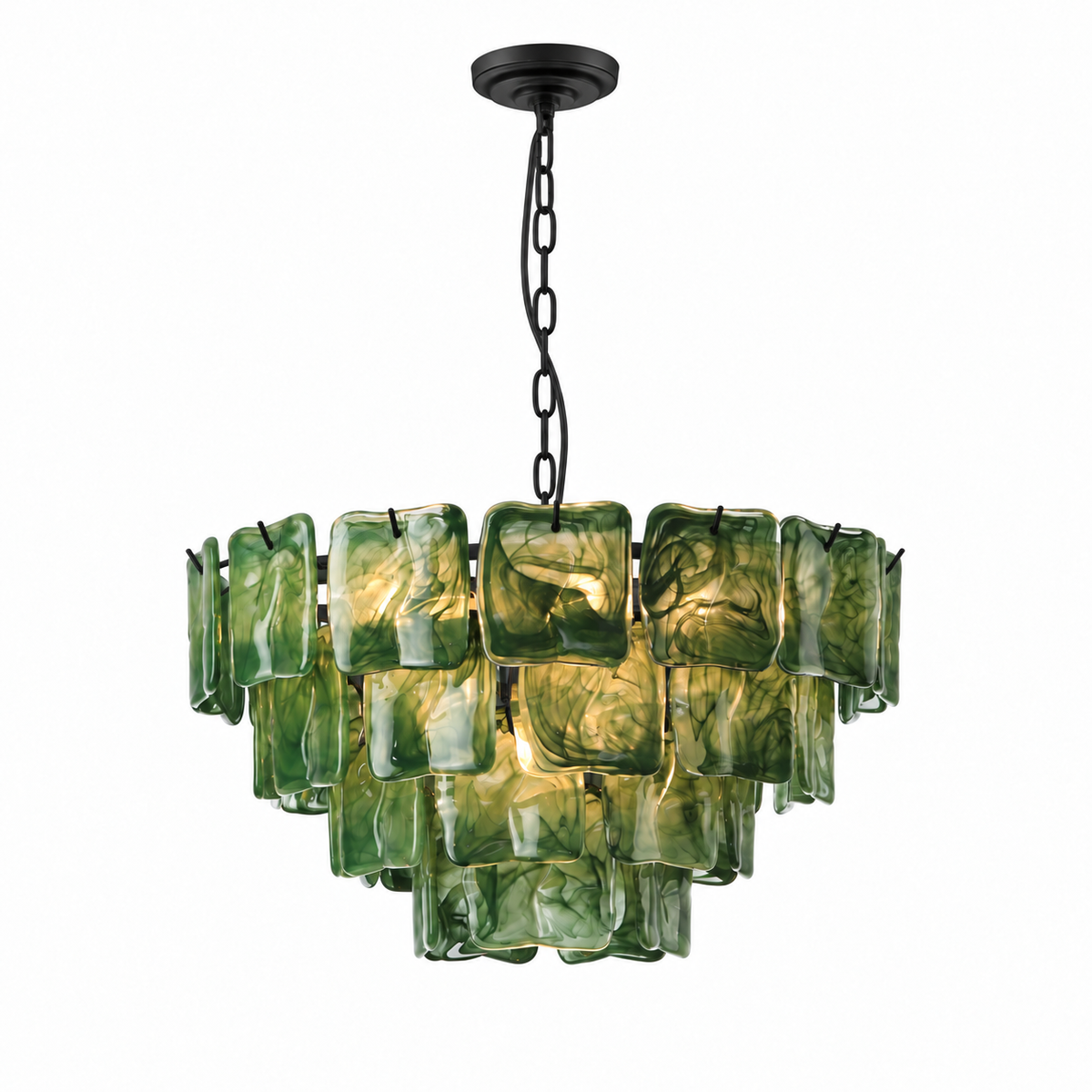 A modern multi-light chandelier featuring layered, rectangular green-tinted glass shades with a black metal chain and canopy, shown against a plain white background.