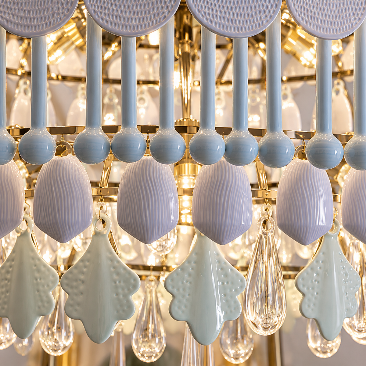A close-up of a decorative chandelier with pale blue and white ceramic teardrop-shaped elements, clear hanging crystal drops, and a gold-toned metal frame.